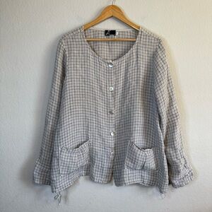 Fenini Lagenlook Gray Black Grid Pattern Linen Long Sleeve Side Tie Pocket Shirt